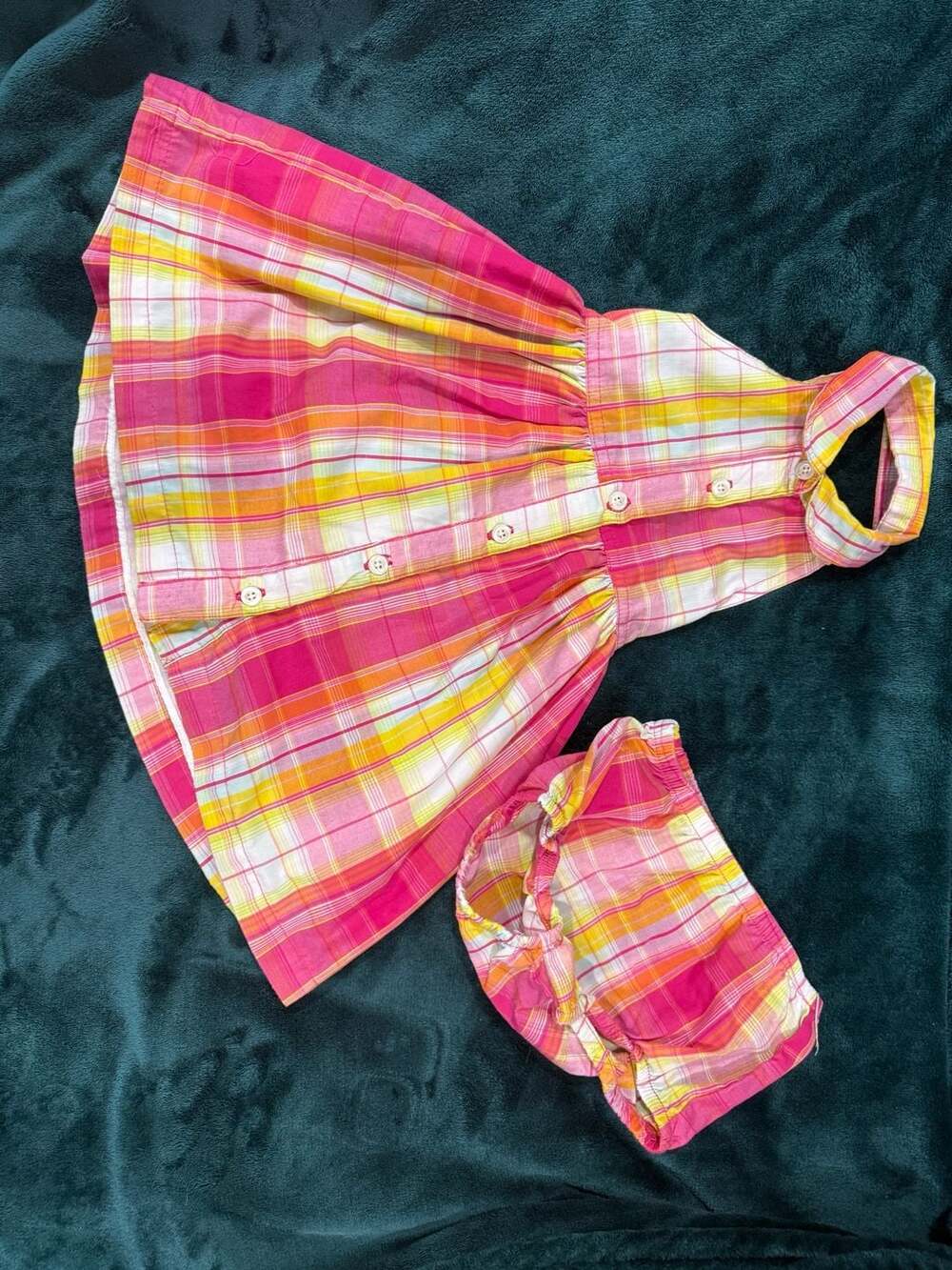 Penelope Mack Pink and Yellow Plaid Halter Dress and Bloomers Set